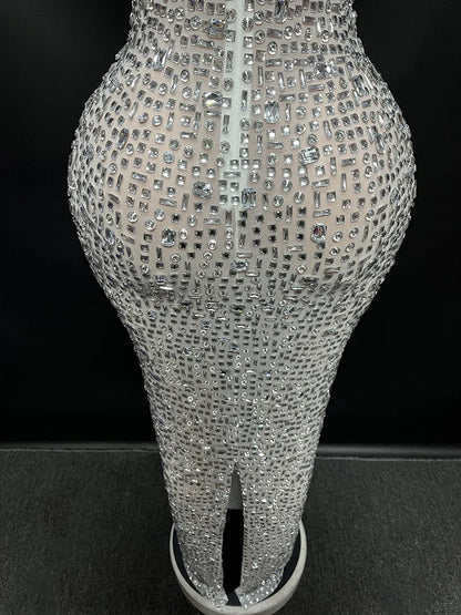 Sexy Full Drill Elastic Slim Fit Sleeveless Long Dress - Hip Wrap, For Host Stage Catwalk & Engagement Evening High-Slit Dresses Badiee Stylez