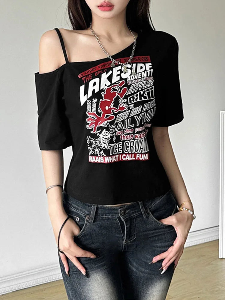 Gothic Tee Y2k Letter Print Off Shoulder Punk T-shirts Women Harajuku Summer Streetwear Grunge T Shirt Aesthetic Sexy Crop Tops
