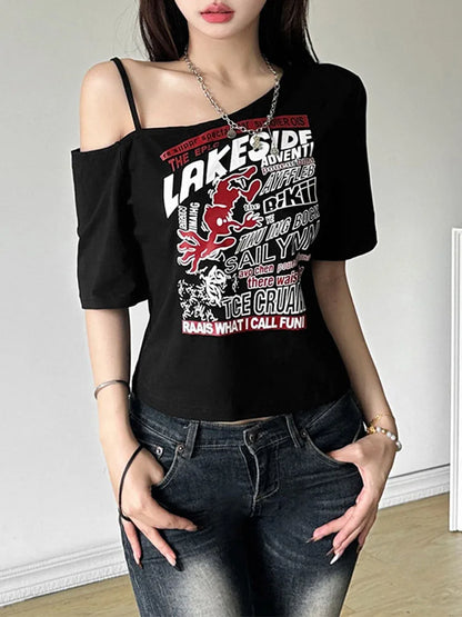Gothic Tee Y2k Letter Print Off Shoulder Punk T-shirts Women Harajuku Summer Streetwear Grunge T Shirt Aesthetic Sexy Crop Tops