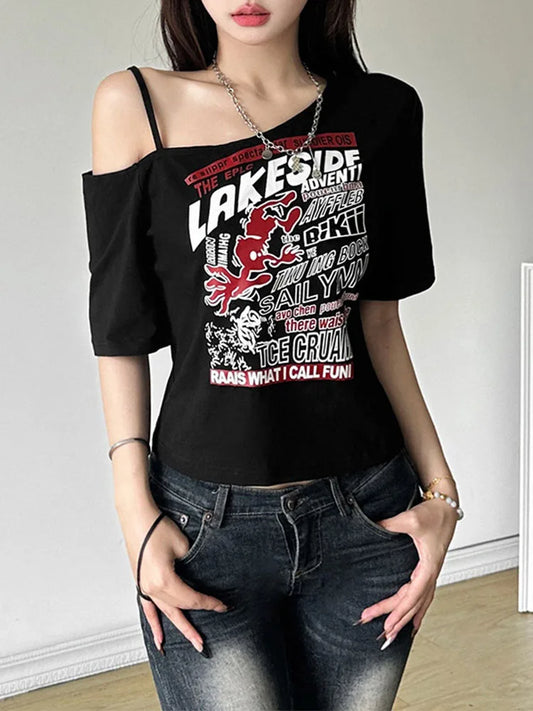 Gothic Tee Y2k Letter Print Off Shoulder Punk T-shirts Women Harajuku Summer Streetwear Grunge T Shirt Aesthetic Sexy Crop Tops