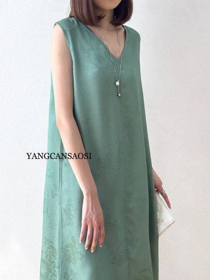 2025 Women's Summer New Luxury 100% Natural Mulberry Silk Jacquard Satin V-neck Split Double Sided Sleeveless Vest Dress Badiee Stylez