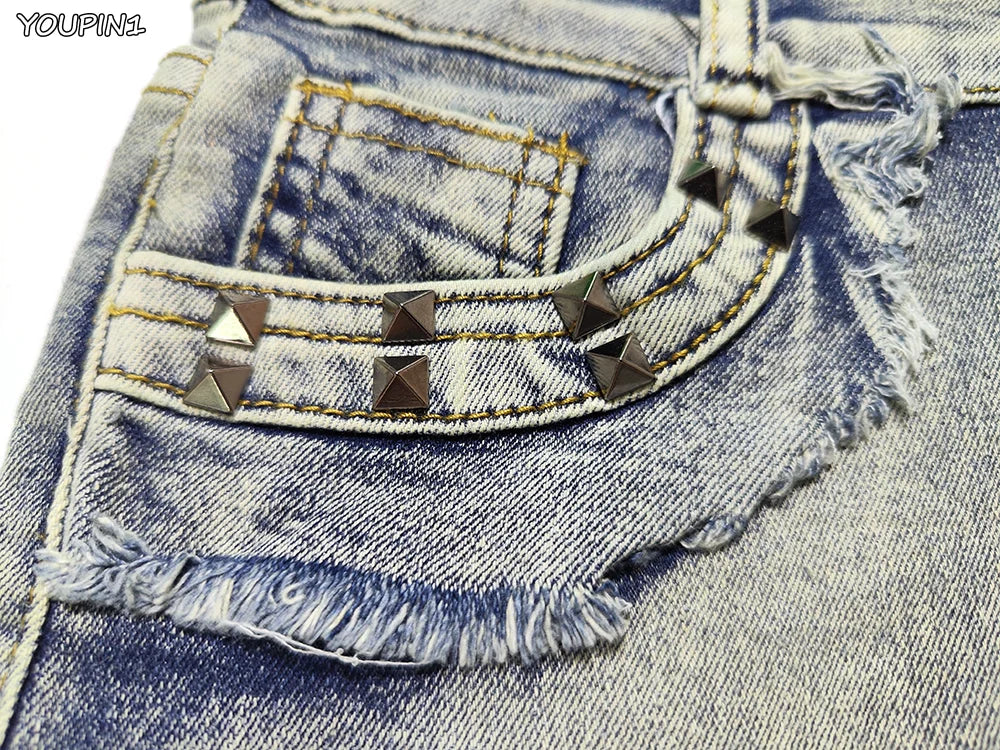 Sexy Low Rise Denim Super Shorts Women's Summer Elastic Slim Skinny Rivet Vintage Blue Short Jeans Y2k Versatile Pants