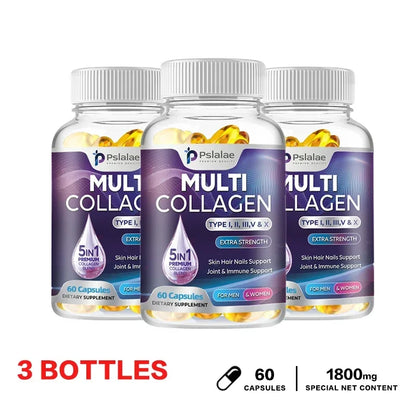 Multiple Collagen Complex - Types I, II, III, V, and X - Hair, Skin, Nail, Bones, Joint Health Support 60 Capsule-3bottles