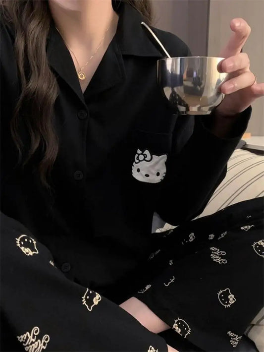 Kawaii Sanrios Hello Kittys Women's Pajamas Set Spring Autumn Anime Cartoon Students Polyester Long Sleeved Girls Nightwear Gift