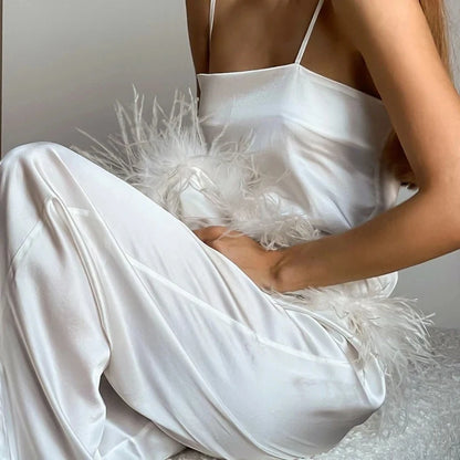 Satin Pajamas With Feathers Sleepwear Women Sets With Pants Black Spaghetti Strap Home Suit White Trouser Suits 2022 WHITE
