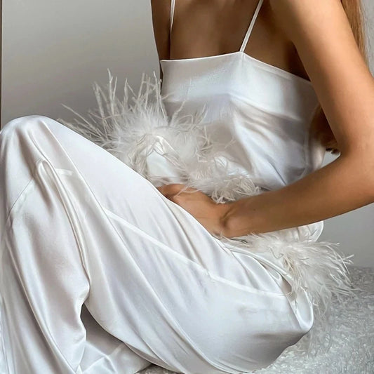 Satin Pajamas With Feathers Sleepwear Women Sets With Pants Black Spaghetti Strap Home Suit White Trouser Suits 2022 WHITE