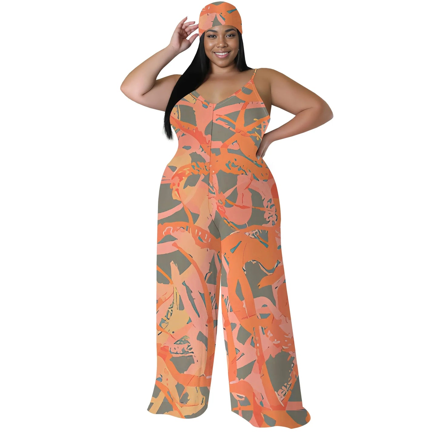 Plus Size Spaghetti Strap Jumpsuit Pink Yellow Abstract Print Wide Leg Summer Romper for Women White-1 CHINA