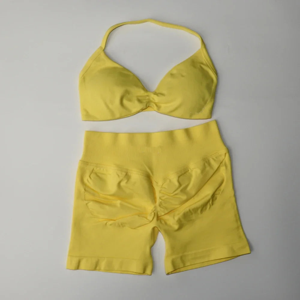 Impact Gym Set Women Two Piece Strappy Yoga Bra Top Workout Scrunch Shorts Suit Fitness Clothes Seamless Sportswear Workout Set lemon
