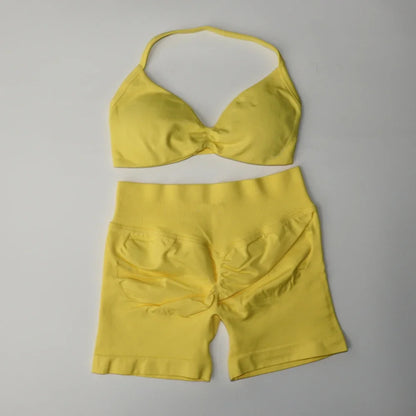Impact Gym Set Women Two Piece Strappy Yoga Bra Top Workout Scrunch Shorts Suit Fitness Clothes Seamless Sportswear Workout Set lemon