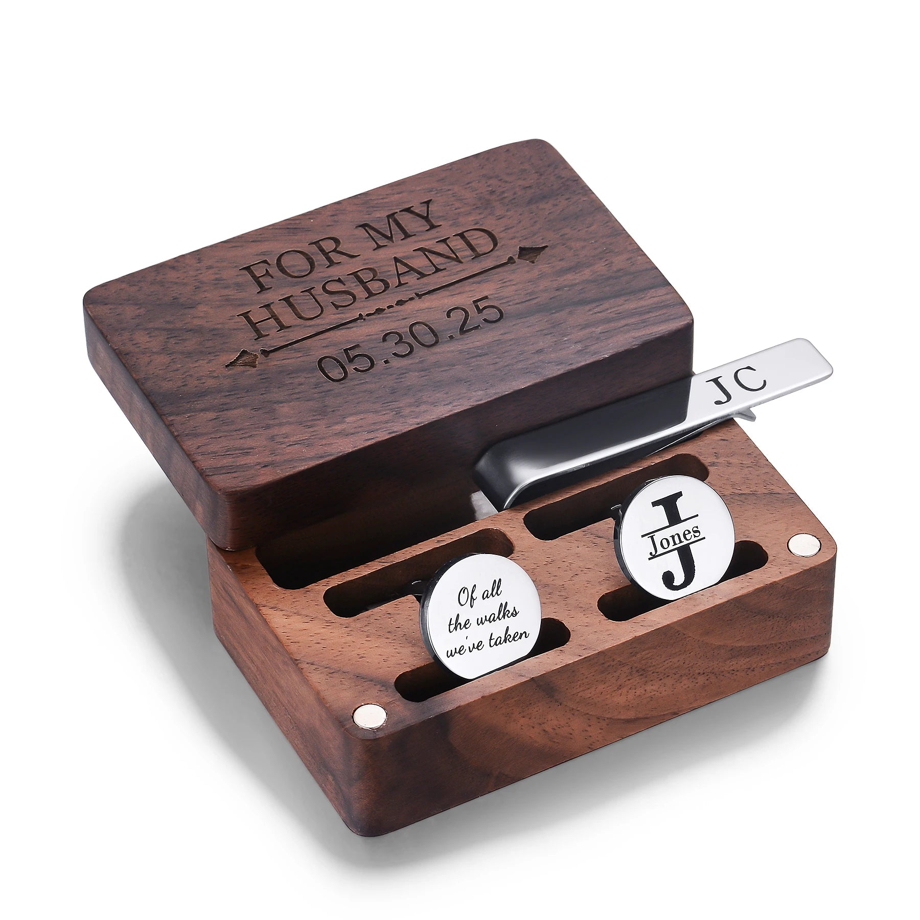 Custom Engraved Round Cufflinks & Tie Clip Set Stainless Steel Anniversary Wedding Birthday Groomsmen Gift for Father Husband Badiee Stylez