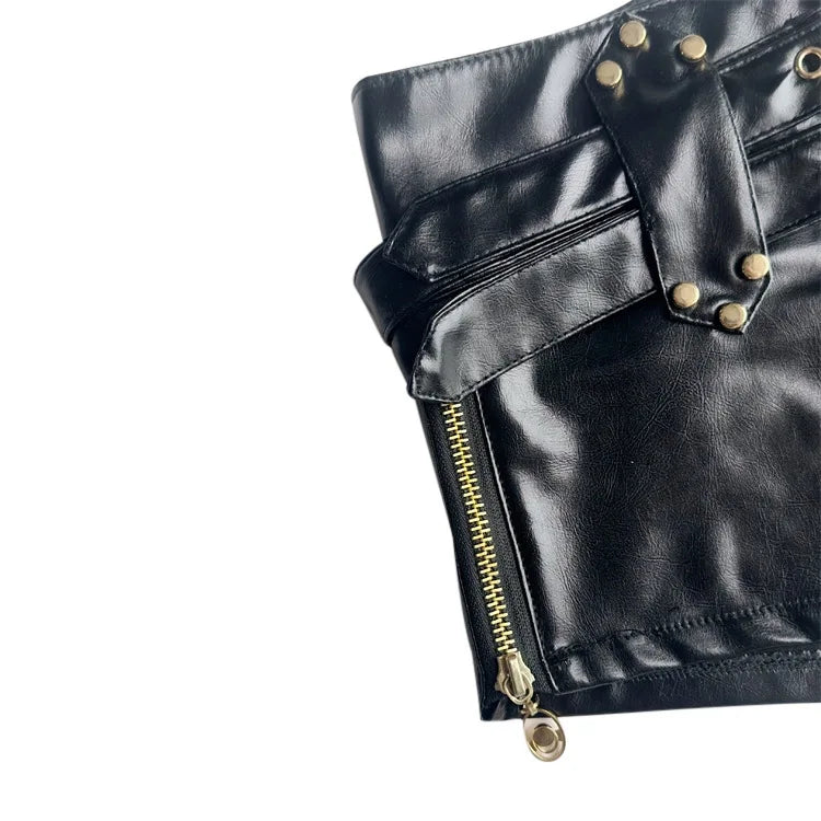 Vintage Nightclub Sexy Low Waist Pu Leather Belt Ultra Shorts Boots Women's Fashionable Versatile Female Dressing Shorts