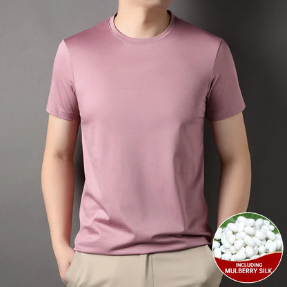 Top Grade 1.7% Mulberry Silk New Brand Tops Round Neck t Shirts For Men 2025 Summer Short Sleeve Casual Fashion Mens Clothing Pink