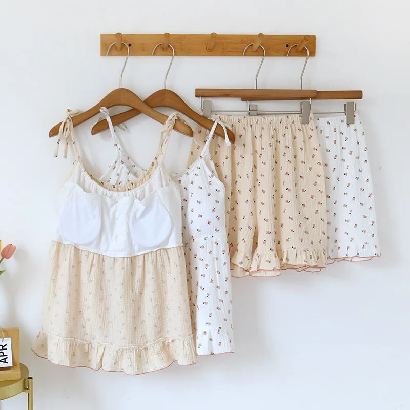 2025 Japanese Summer New Women's Pajama Set 100% Cotton Crepe Cloth Ladies Suspender+Shorts Two Piece Home Furnishing Set