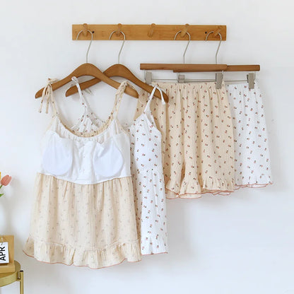 2025 Japanese Summer New Women's Pajama Set 100% Cotton Crepe Cloth Ladies Suspender+Shorts Two Piece Home Furnishing Set