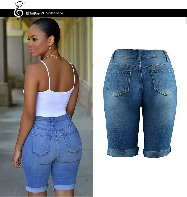 Summer New Fashion Women's American Washed Blue Solid Color High Waist Hole Patched Denim Shorts Skinny Jeans Shorts Female