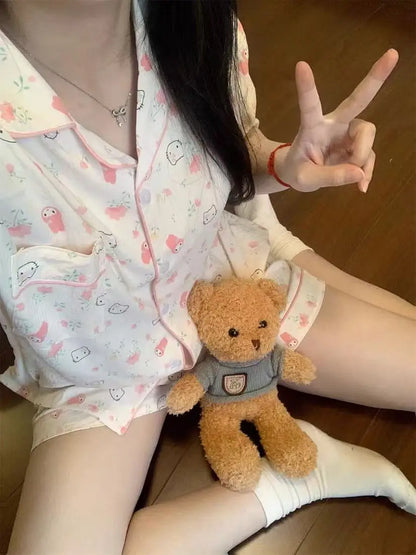 Cute Girl's Summer Cotton Linen ort Sve Nightgown Home Clothes Set Bear Print Gauze Spwear Simple Home Sle