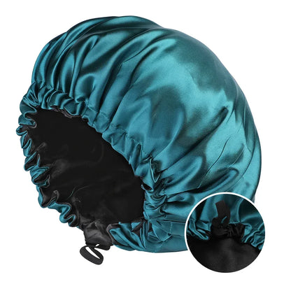 Adjustable Double Layer Satin Bonnet Nightcap Doubleside Women Round Shower Caps Night Sleep Polyester Hat Solid Black Lining Badiee Stylez