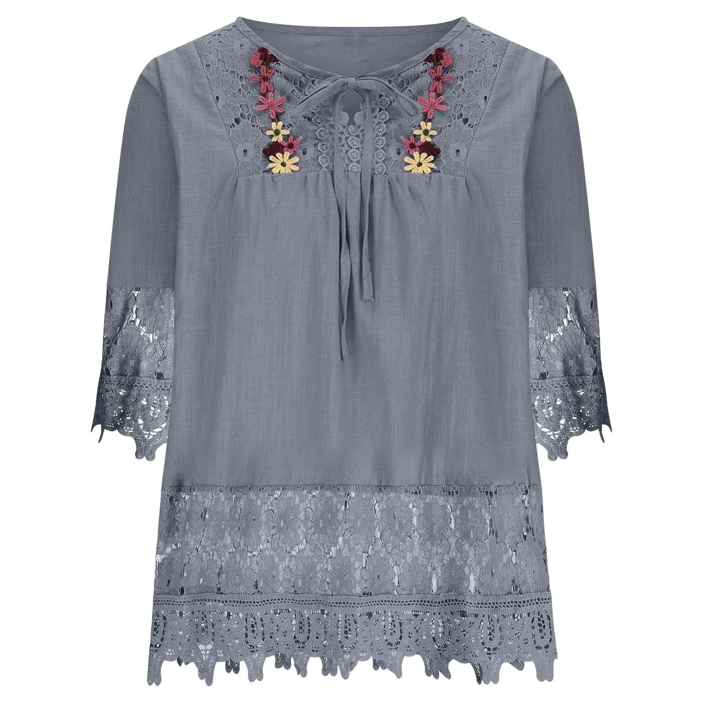 Summer Women Casual Solid Tops Shirt Cotton And Linen Stitching Lace Flower V-neck Loose Top Blouse New Elegant Holiday Shirts