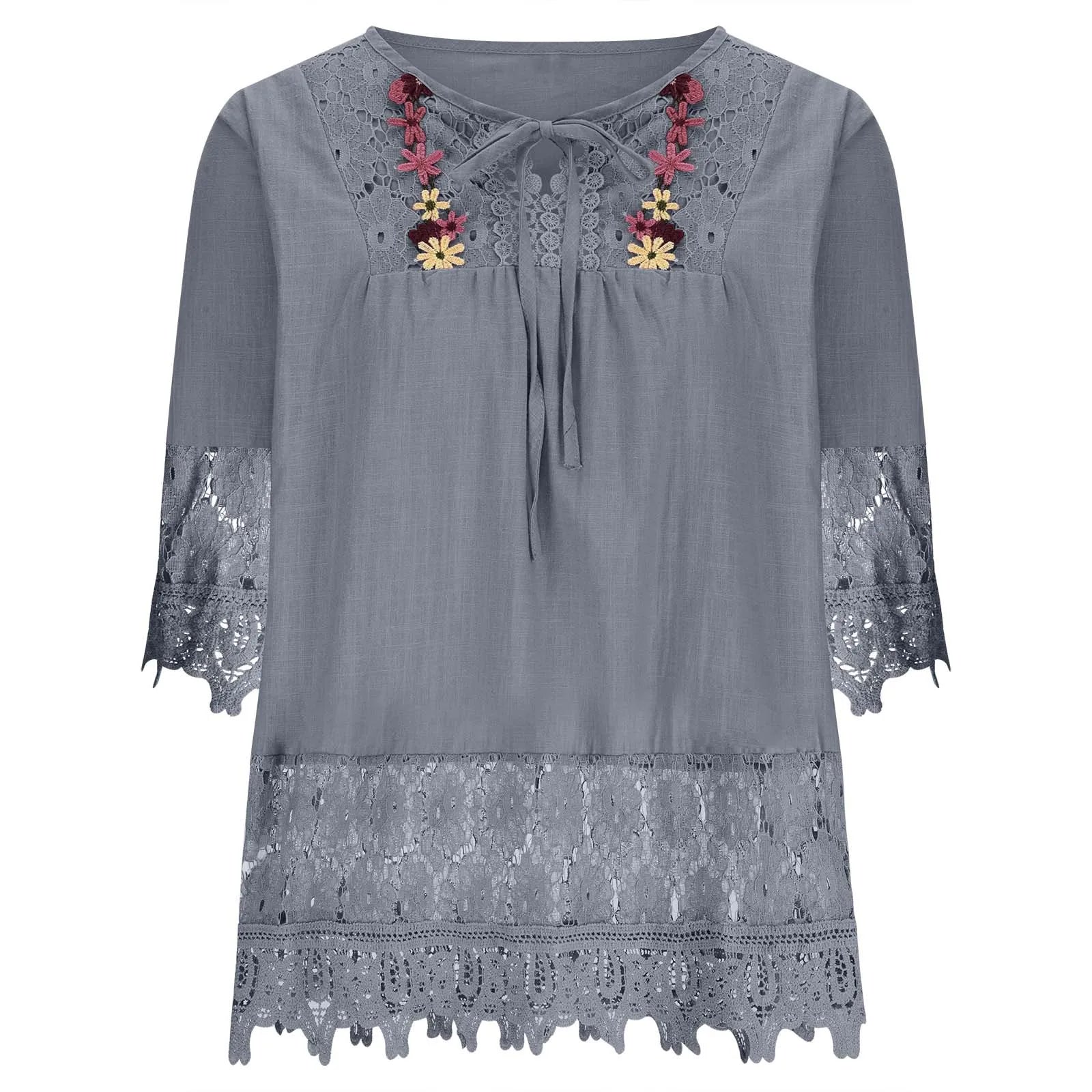 Summer Women Casual Solid Tops Shirt Cotton And Linen Stitching Lace Flower V-neck Loose Top Blouse New Elegant Holiday Shirts