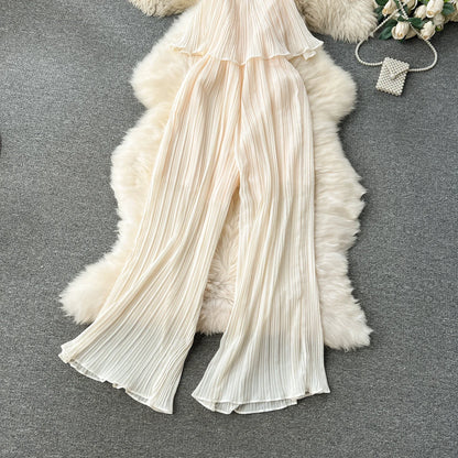 Vacation Loose Jumpsuit Strap Backless Thin Romper Streetwear Women INS One-Piece Outfit Beach Style Pleated Bodysuits