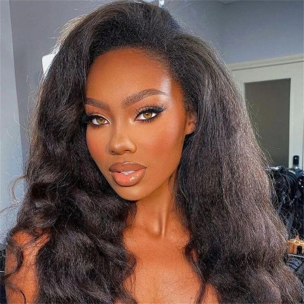 Long Soft Yaki 180Density Long Natural Black Kinky Straight Wave 13x4 Lace Front Wig For Women With Baby Hair Glueless