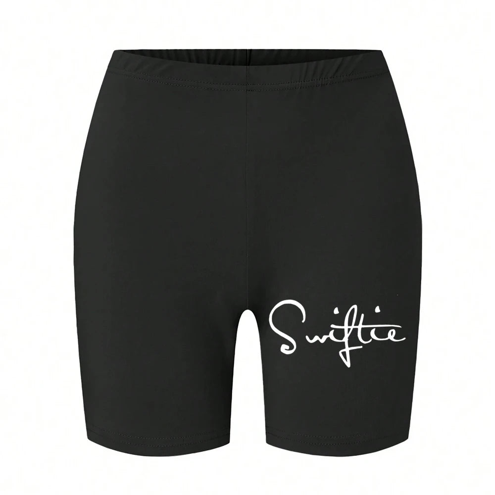 Trend Women Sports Shorts Simple White Line Letter Graphic Print Tight Shorts High Elastic Comfortable Soft Thin Female Clothes