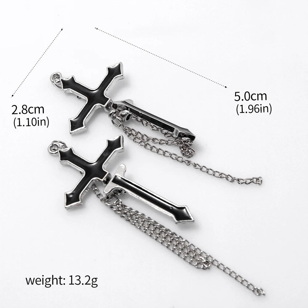 2Pcs Vintage Black Cross Earrings Punk Goth Long Chain Harajuku Streetwear Unisex Stud Earrings For Women Men Korean Jewelry Badiee Stylez