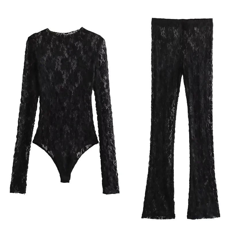 TRAFZA Summer Lace Jumpsuits For Women Fashion New Long Sleeves Hollow Out Slim Onesies Female Chic Wild Women's Bodysuits