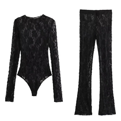 TRAFZA Summer Lace Jumpsuits For Women Fashion New Long Sleeves Hollow Out Slim Onesies Female Chic Wild Women's Bodysuits