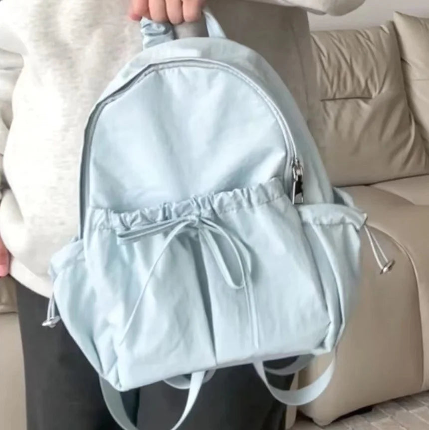 Simple And Versatile Drawstring Bow Large Capacity Backpack With Personalized Embroidered Name Nylon Backpack Blue