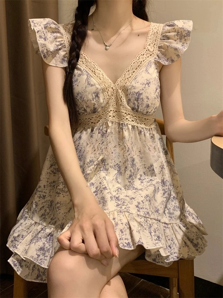 Sweet Princ Sle Women's Lace Nightgown Set with Chest Pad V-Ne ort Pants Summer Breathable Cotton Spwear