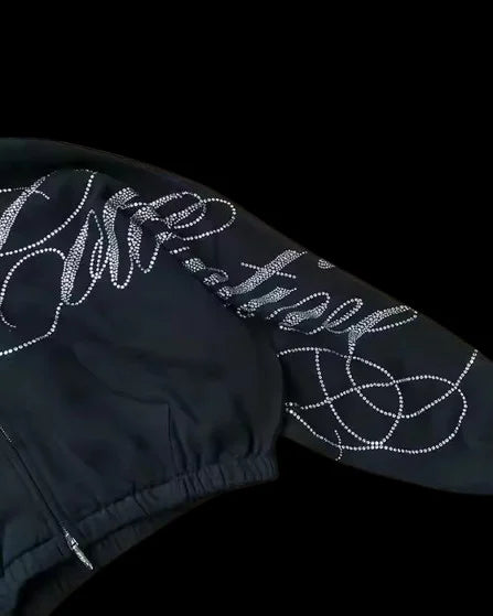 Retro Letters Rhinestone Sequins Short Hoodie Sweatpants Two Piece Set Y2K Suit Womens Letters Oversized Sweatshirt Casual Pants