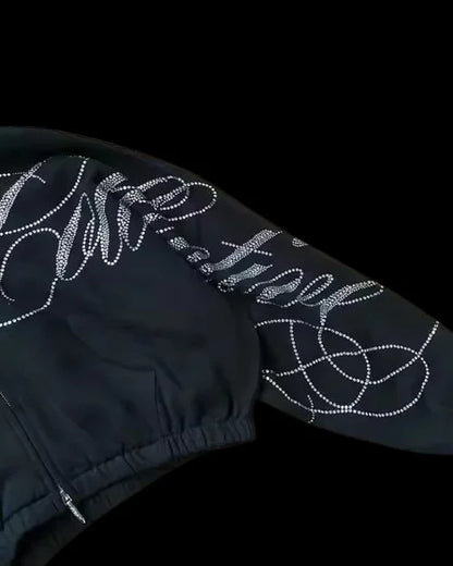 Retro Letters Rhinestone Sequins Short Hoodie Sweatpants Two Piece Set Y2K Suit Womens Letters Oversized Sweatshirt Casual Pants