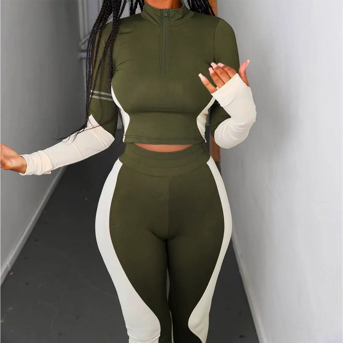 Y2K Color Matching Women'S Set Sweatsuit Two Piece Outfits Ladies' Standing Collar Sports Suit Slim Fit Long Sleeved Long Pants Badiee Stylez
