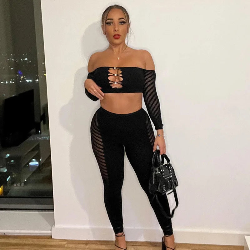 Simenual Baddie Fashion Mesh Tansparent Two Piece Sets Hotsweet Sexy Hollow Out Crop Tops Skinny Pants High Elastic Co Ord Suits