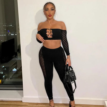 Simenual Baddie Fashion Mesh Tansparent Two Piece Sets Hotsweet Sexy Hollow Out Crop Tops Skinny Pants High Elastic Co Ord Suits