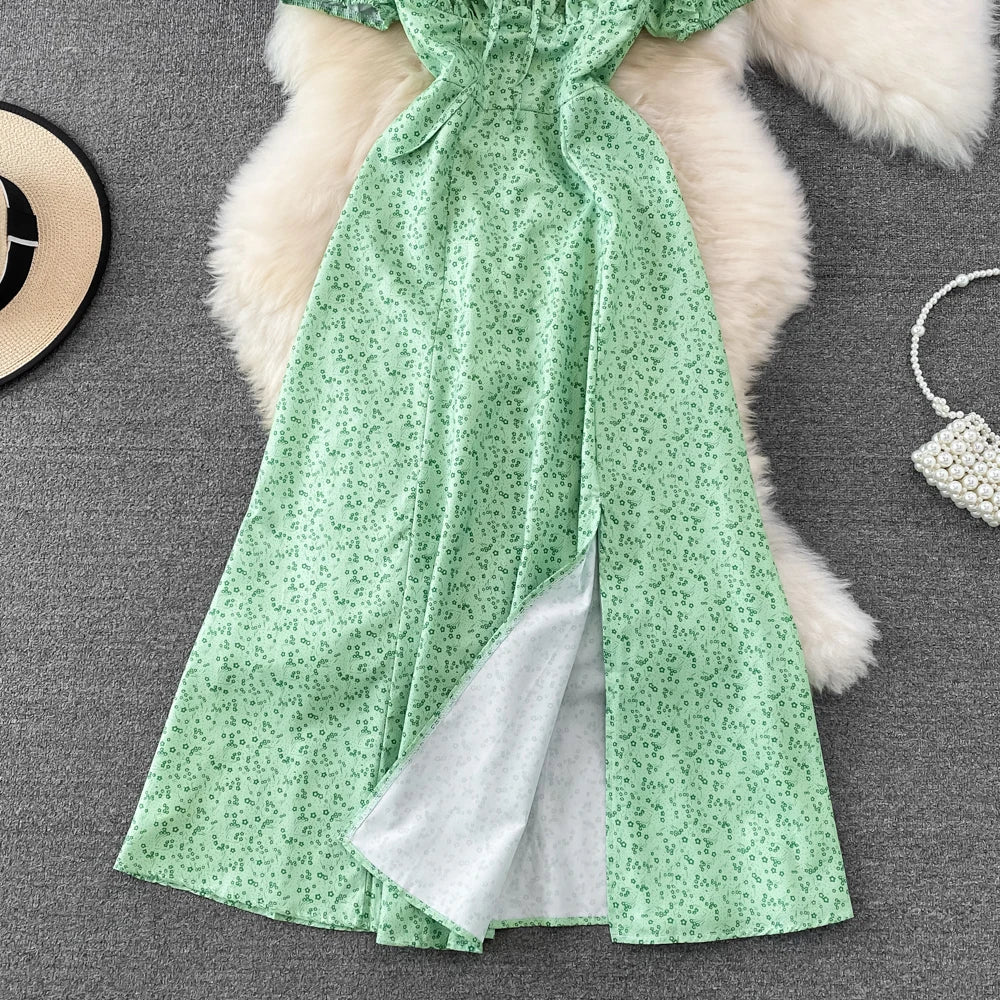 Summer Vintage Dress Blue Floral Summer Bubble Sleeve Tie Up Sexy Dresses Women A-line Print Split Long Dress Elegant Vestidos