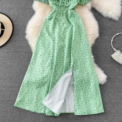 Summer Vintage Dress Blue Floral Summer Bubble Sleeve Tie Up Sexy Dresses Women A-line Print Split Long Dress Elegant Vestidos