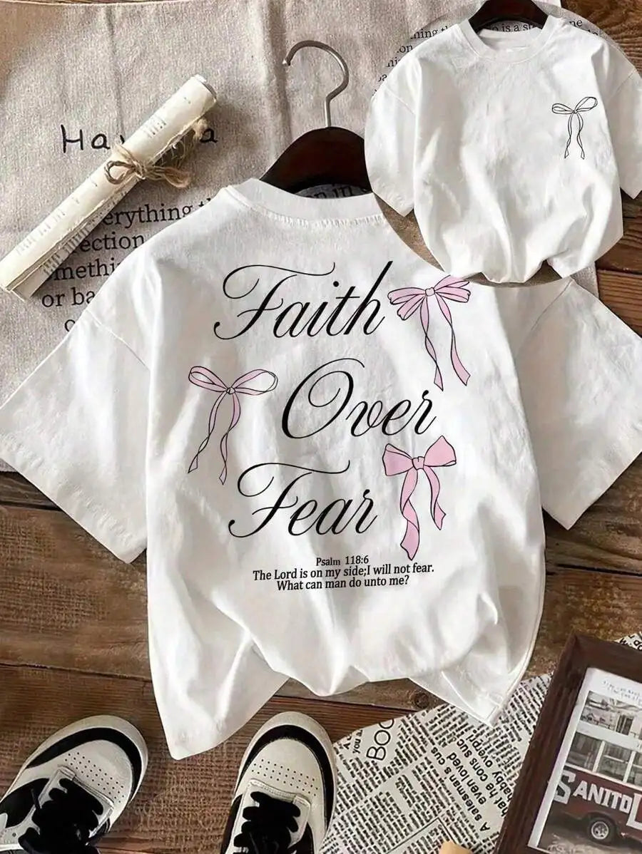 Pink Bow Faith Over Fear Printed Women Tee Shirts All-Match Cotton T-Shirt Casual O-Neck Clothes Hip Hop Y2K Short Sleeve White