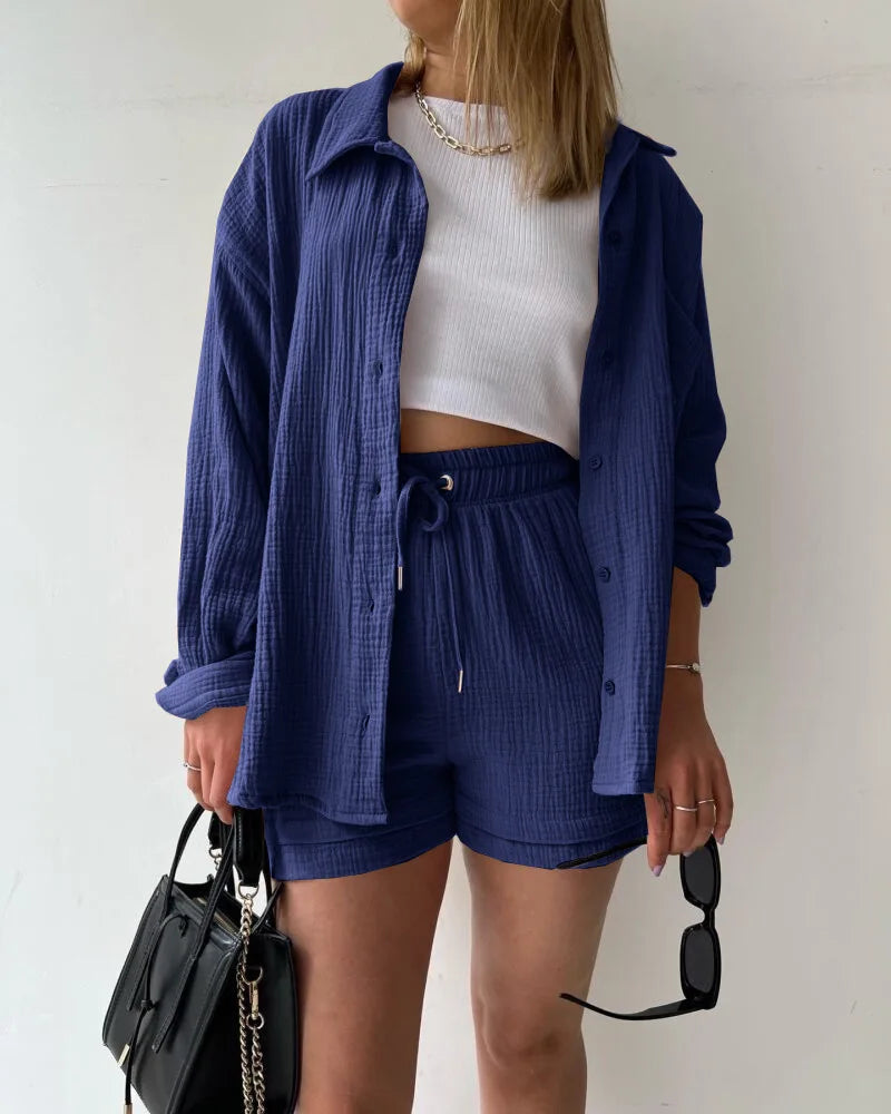 Short Sets Women Tracksuit Single Breasted Cardigan Blouses Two Pieces Shorts Loose Button High Street Solid Pockets Folds
