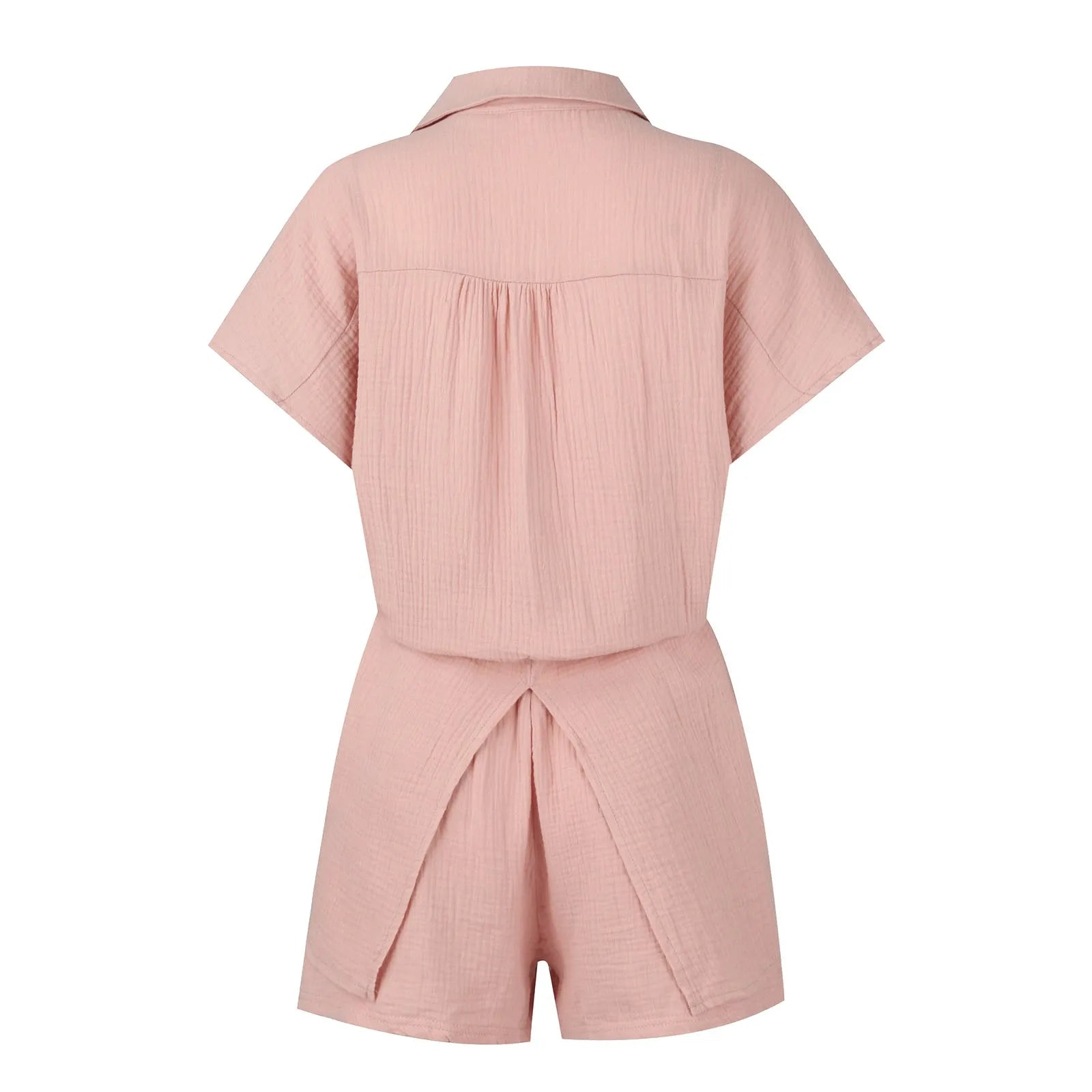 Summer cotton and linen solid color shirt short sleeved casual shorts set
