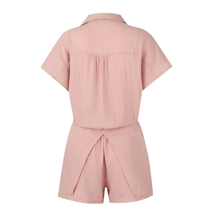 Summer cotton and linen solid color shirt short sleeved casual shorts set