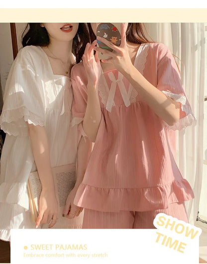 Palace Style Pajamas Ladies Summer Loungewear Set Short-Sleeved with Cushion Korean Small Sweet Girlfriends Loungewear Set