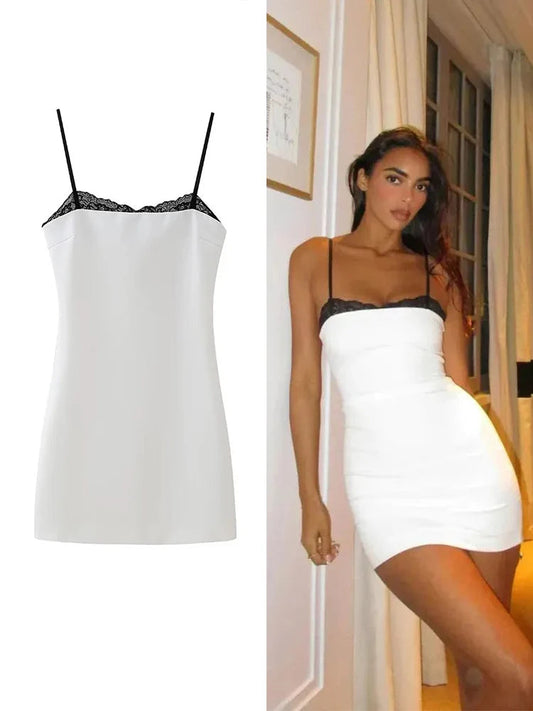 TRAFZA Women Sexy Lace Splicing Dress Fashion Slim Strapless Spaghetti Straps Mini Dresses Evening Party Sexy Short Dresses Badiee Stylez