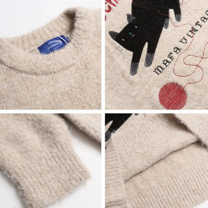 2025 Autumn and winter men's and women's American retro fun cute cat jacquard knitted sweater loose and lazy couple's top Badiee Stylez