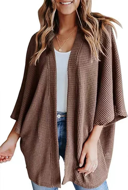 Oversized casual cardigan, women's plus size waffle knit cardigan with three-quarter length sleeves YD63 2