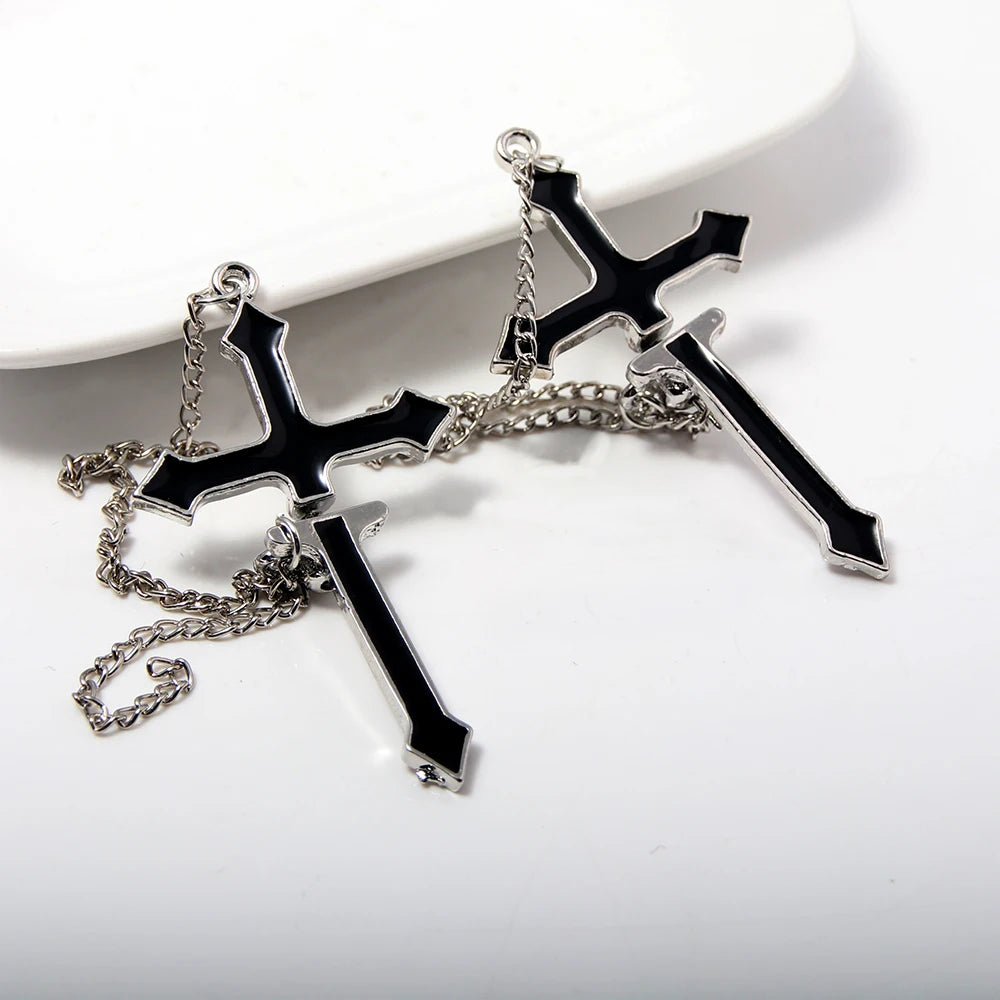 2Pcs Vintage Black Cross Earrings Punk Goth Long Chain Harajuku Streetwear Unisex Stud Earrings For Women Men Korean Jewelry Badiee Stylez