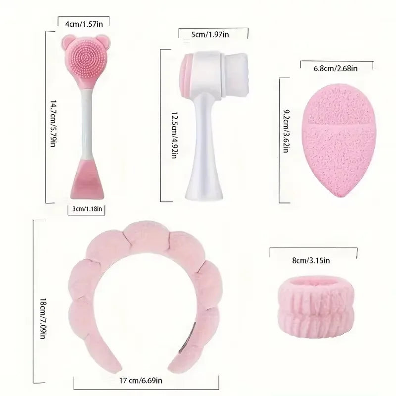 7-piece makeup and face wash beauty set, including 3 headband sets, 1 cosmetic bag, 2 face wash brushes and 1 powder puff Badiee Stylez