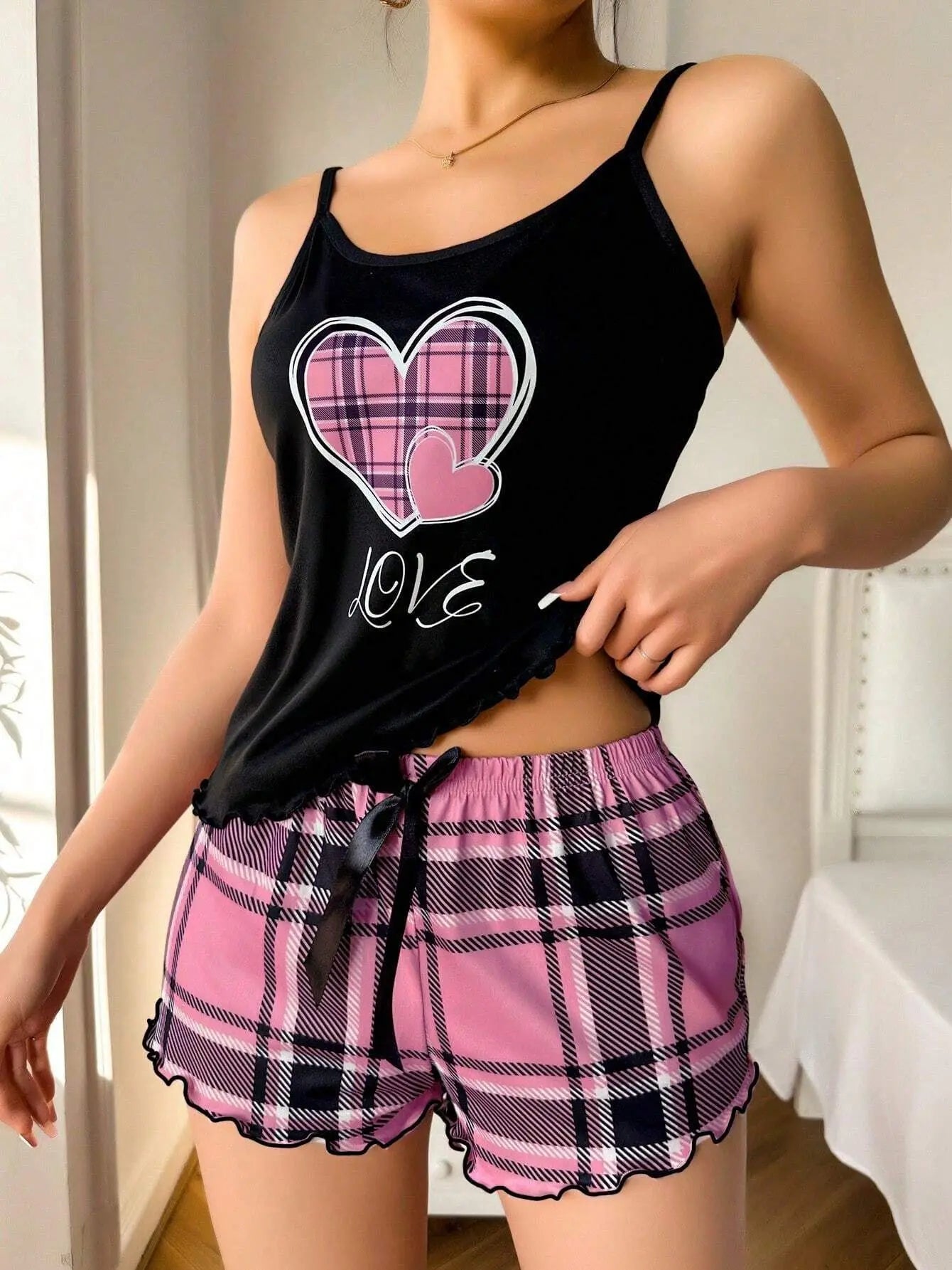 Women Sexy Suspender Shorts Thin Pajamas Letter Print Plaid Shorts Large Pajamas Romantic Home Wear Sexy Nightwear Short Pajama Badiee Stylez