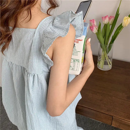 Plaid Sleepwear Women Pajamas Shorts Set Fly Sleeve Korean Kawaii Pijama Ruffles Summer Home Clothes Suit Sleeping Night Wear